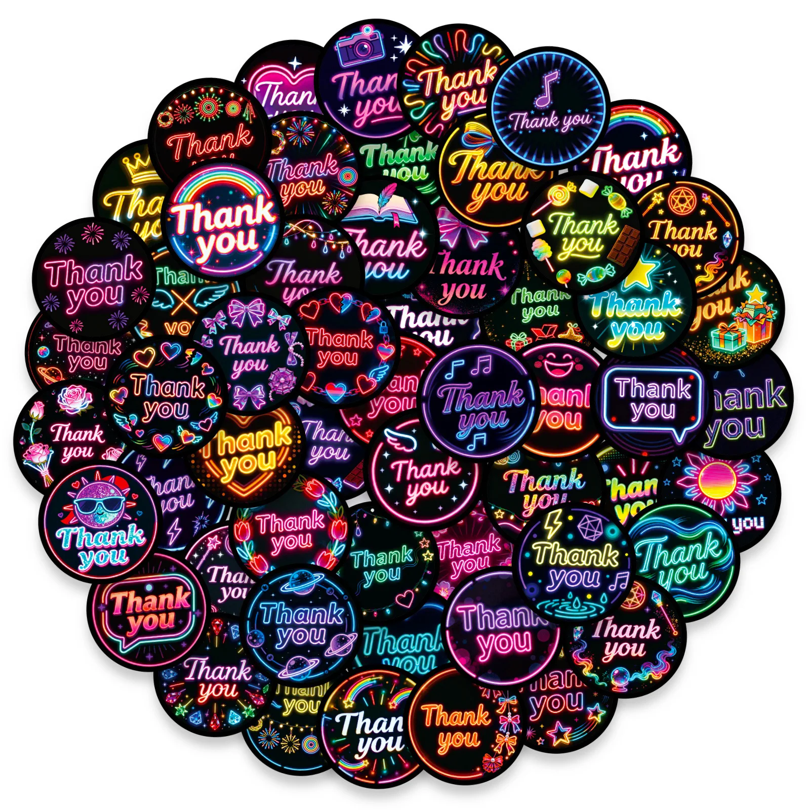 56 個のネオン「ありがとう」テキストステッカー DIY グラフィティデカール ギフトシール用 防水ウェディングホリデーラベル付きシールステッカー