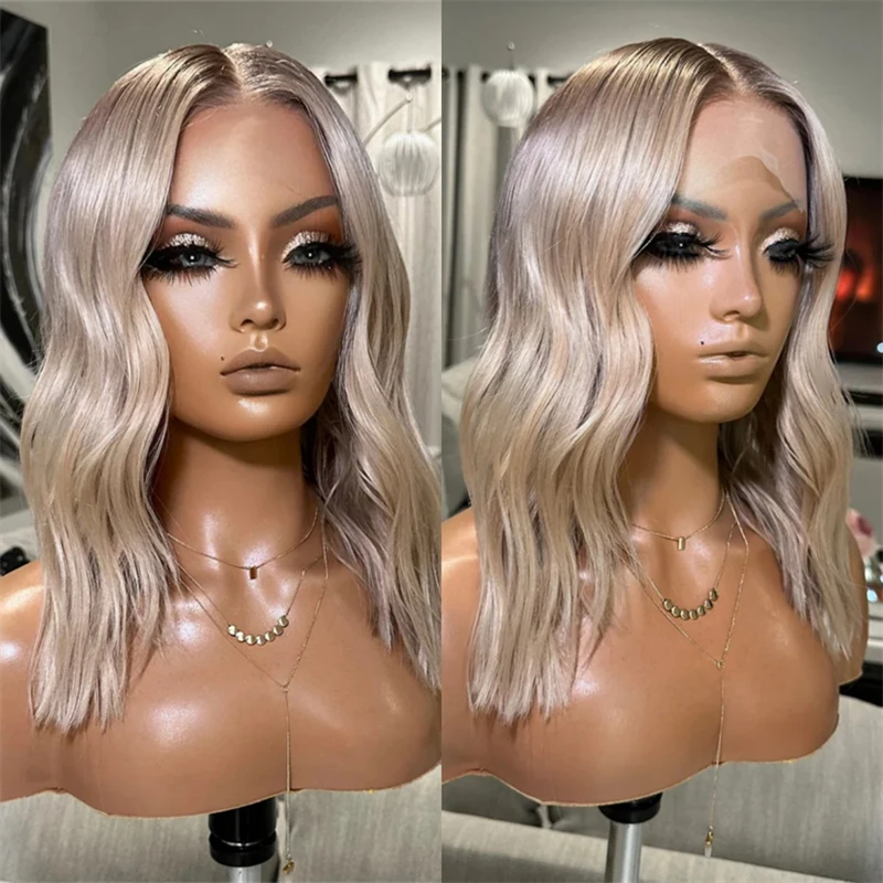 

Top HD Glueless Wigs 13x4 Ombre Cool Ash Blonde Synthetic Lace Front Wig Glueless Wig Short Wave Bob High Density Wig For Women