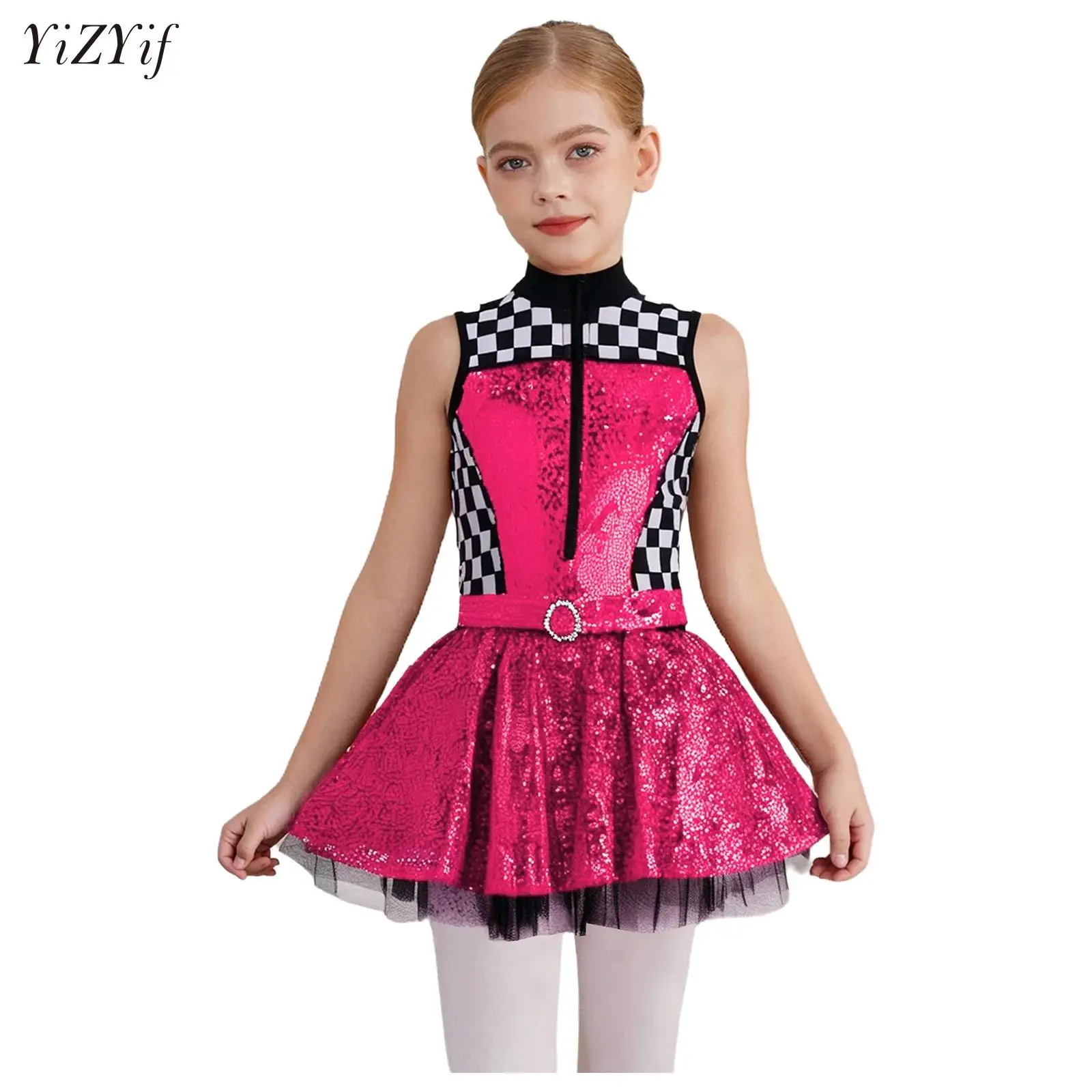 

Kids Girls Race Car Driver Costume Racer Checkerboard Printed Sequins Tutu Dress Ballet Dance Performance Clothes Party Wear