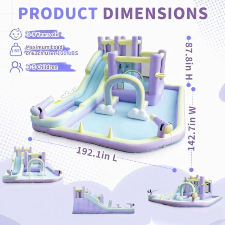 Outdoor inflatable bounce house with rainbow arch and extra-long water slide: PVC material, multicolor, includes 750W blower, s