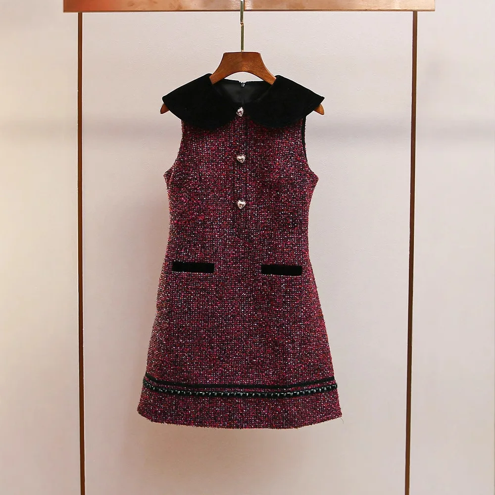 

MaSande Elegant Vintage Doll Collar Diamond Embedded Sleeveless Dress Autumn Winter New Style Commute Style Short Skirt