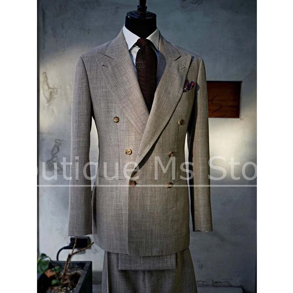 Men Linen Texture Double Breasted Suit 2 Piece Peak Lapel Blazer and Pants Formal Business Wedding Groom Party Vintage Tuxedo