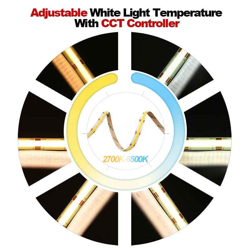Dimmable COB CCT LED Strip Lights 608 LEDs/m High Density Flexible Led Tape 2700K to 6500K Changeable Lighting DC12V 24V