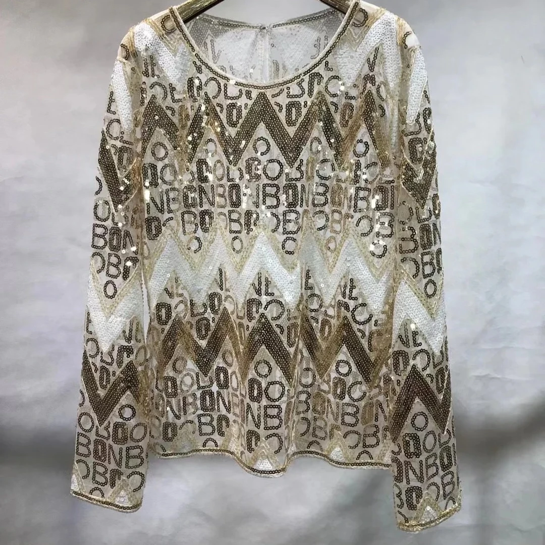 bead sequined t shirts women sexy transparet mesh tops party shiny shirts