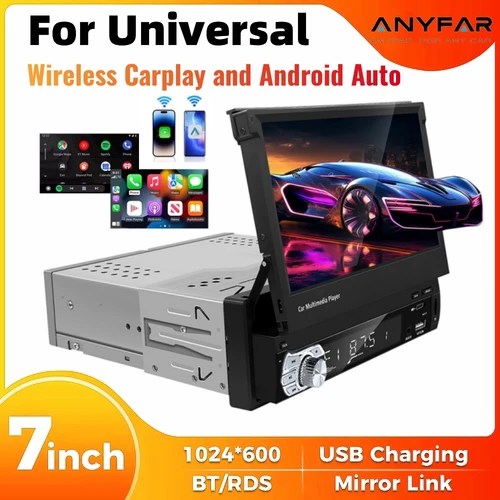 Universal 7 pulgadas Flip Out estéreo para coche 1 Din Radio de coche inalámbrico Carplay Android Auto WIFI navegación GPS pantalla HD retráctil