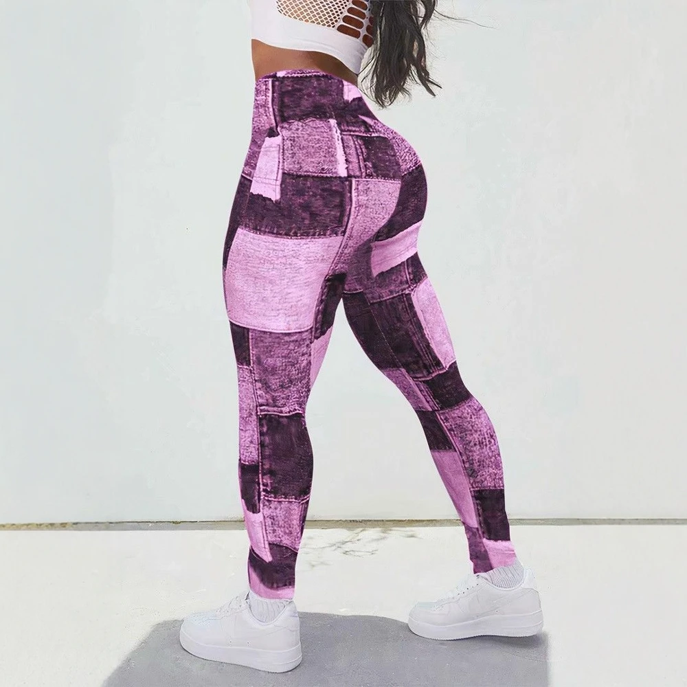 Women's High Waist Printed Yoga Fitness Trousers Denim Sports Tight Leggings plus Size Hip Lifting