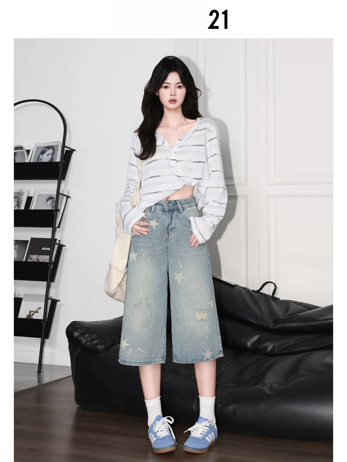 Pantalones vaqueros de pierna ancha Forever 21 Blue Star, cintura alta, ajuste holgado, shorts de mezclilla de verano, pantalones rectos de siete cuartos para mujer