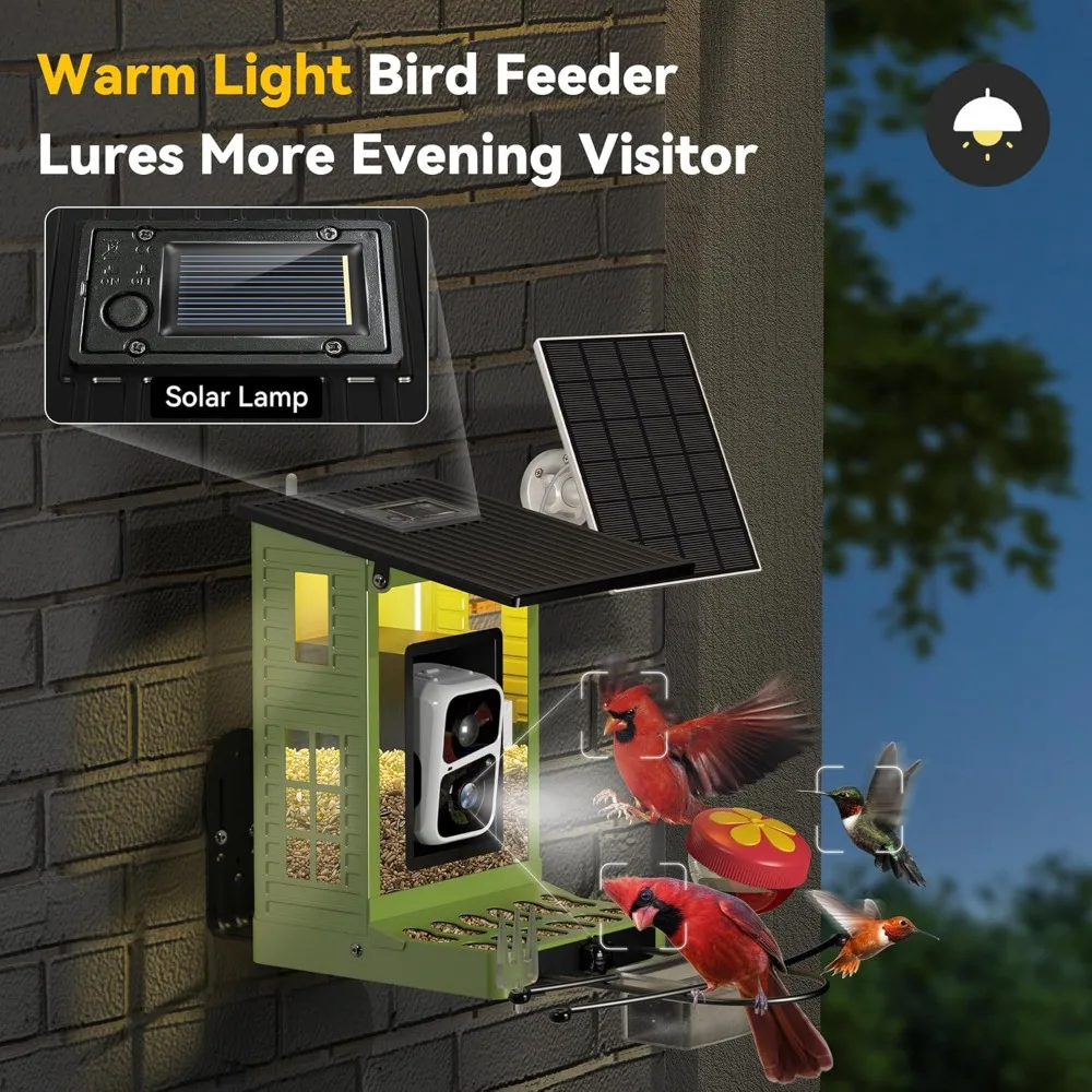 وحدة تغذية الطيور الذكية المعدنية التي تعمل بالطاقة الشمسية مع كاميرا، تحديد الذكاء الاصطناعي بالأضواء الشمسية، كاميرا 2K HD وواي فاي، تنبيهات الوصول الفوري