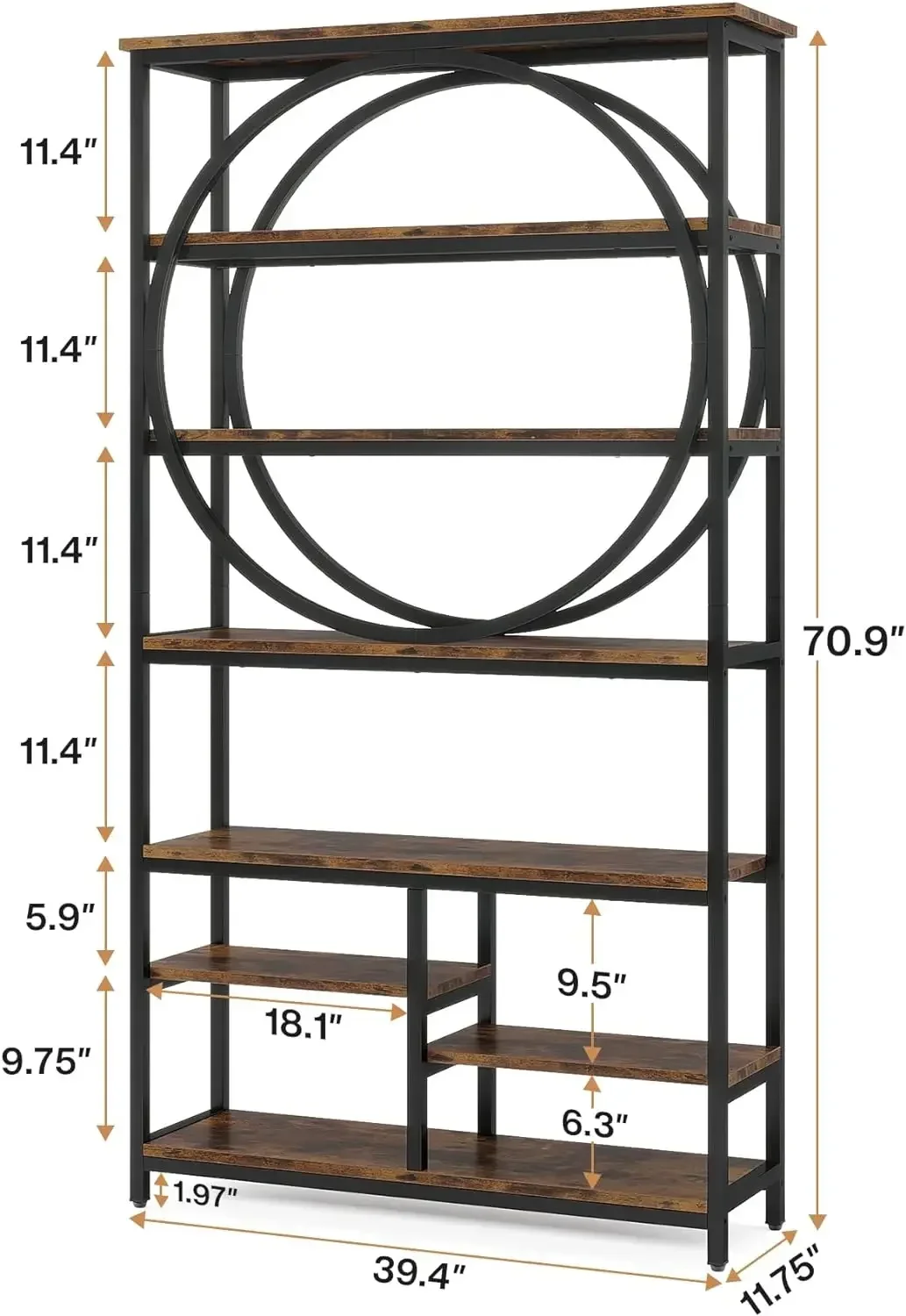 71 Inch Bookshelf,7-Tier Bookcases Vintage Freestanding Storage Shelf with Heavy-Duty Metal Frame for Living Room , Black Brown