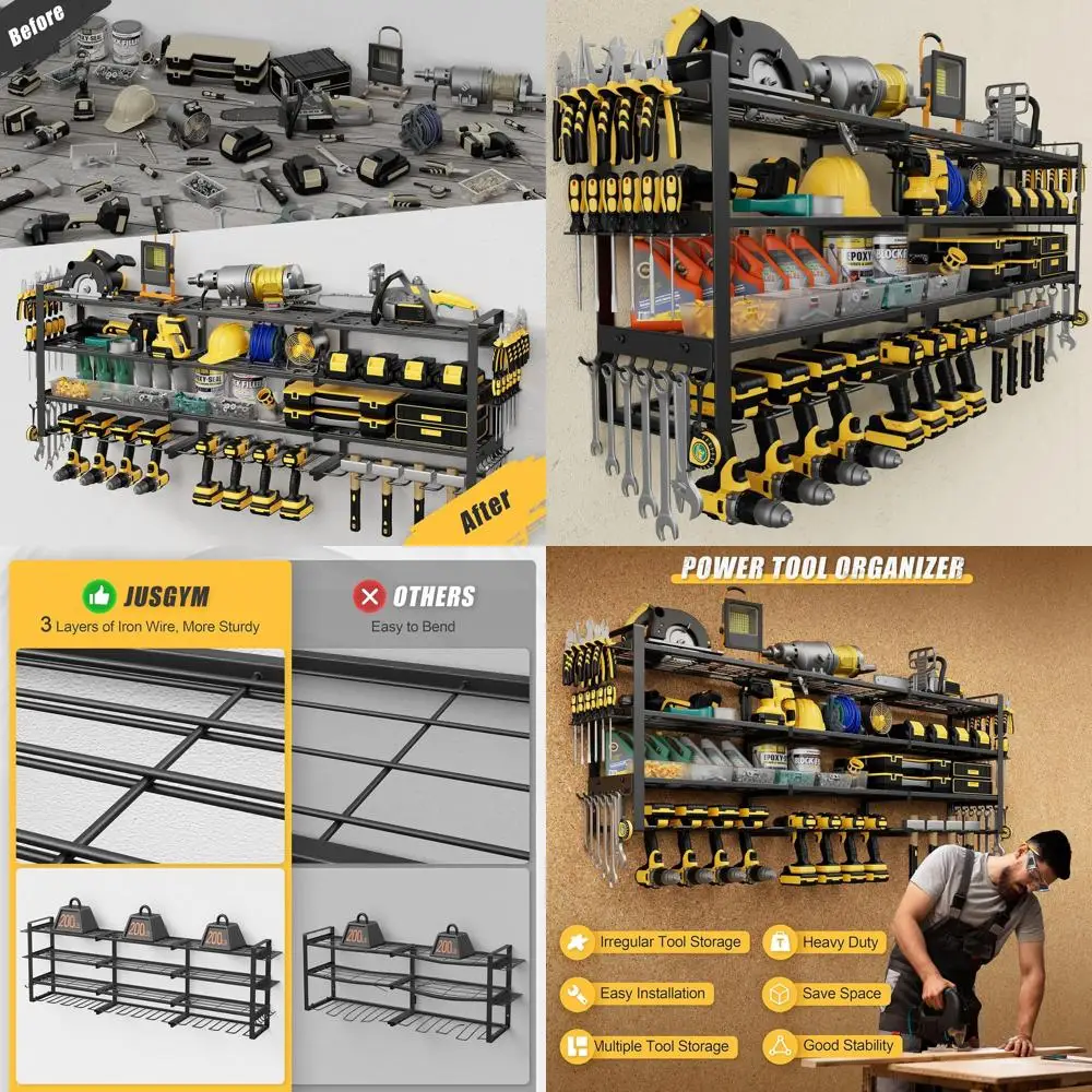 

49.4'' Large Power Tool Organizer Wall Mount, 4-Tier Tool Storage Rack with 12 Drill Holders, 600LBS Load Heavy Duty CordlTool S