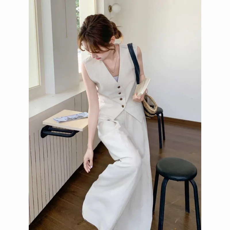 Women's Vest Set French Style, Slimming and Fashionable High-end and Elegant Two-piece Vest Set with Linen Wide-leg Pants