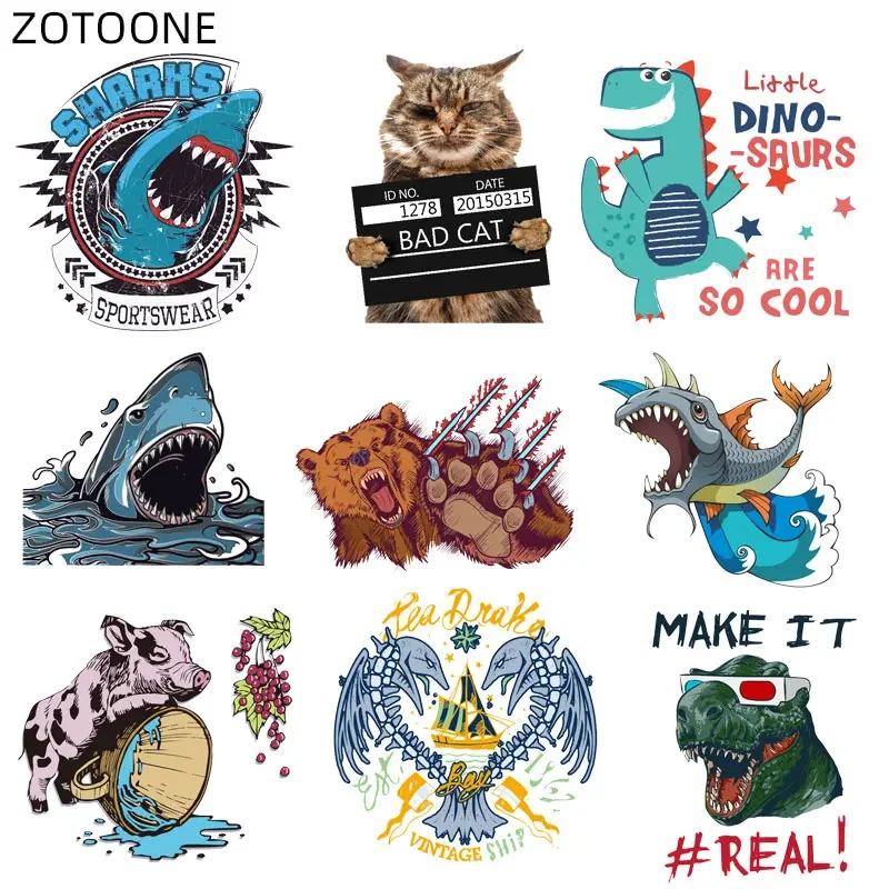 ZOTOONE Cool Animal Patches for Kids Iron on Cartoon Shark Cat Patch Heat Transfers for Clothes Ironing Sticker DIY Appliques D