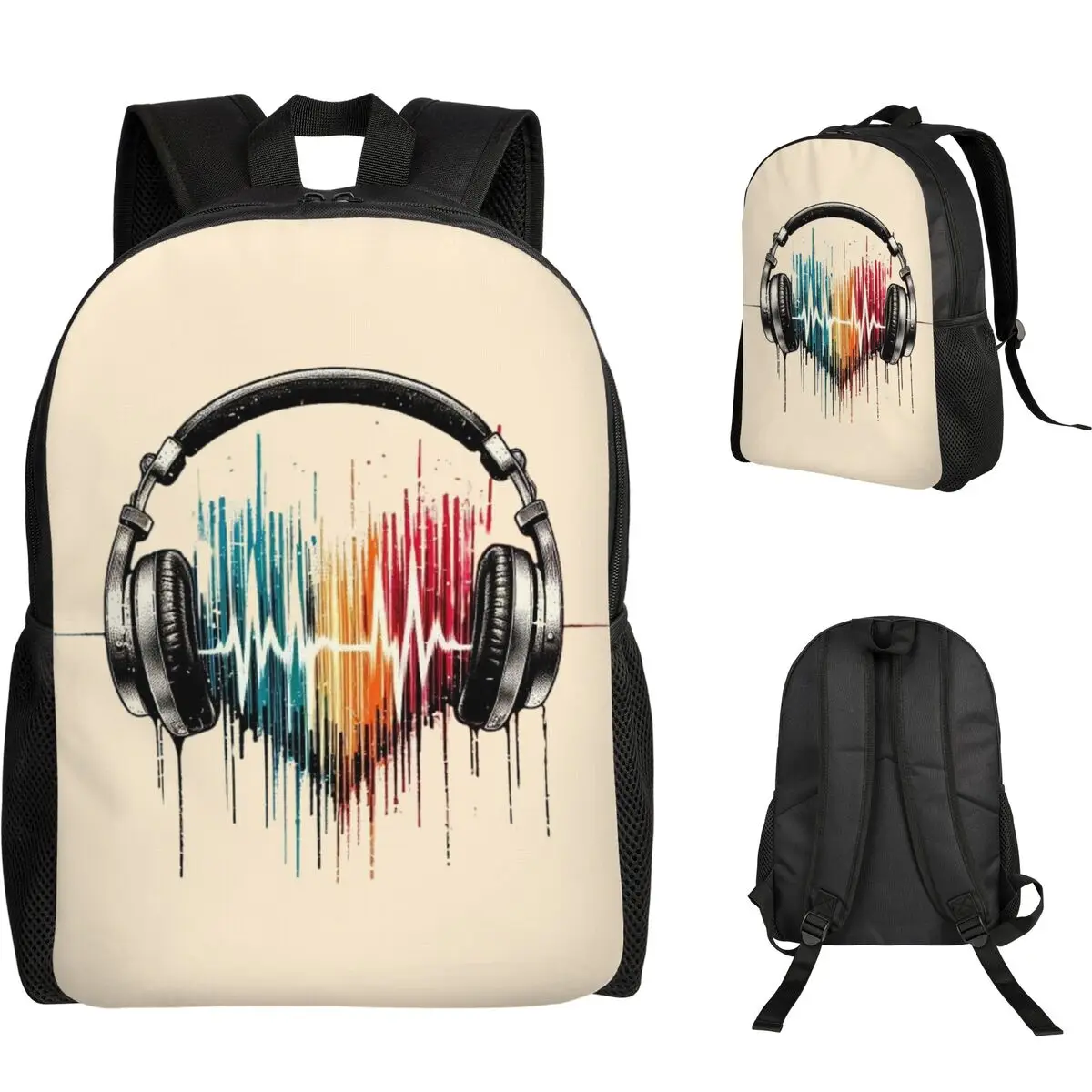 Heart Shaped Music Note With Headphones Student Backpack School Bag Hiking Travel Daypack for Boys Girls Bookbag Shoulder Bags