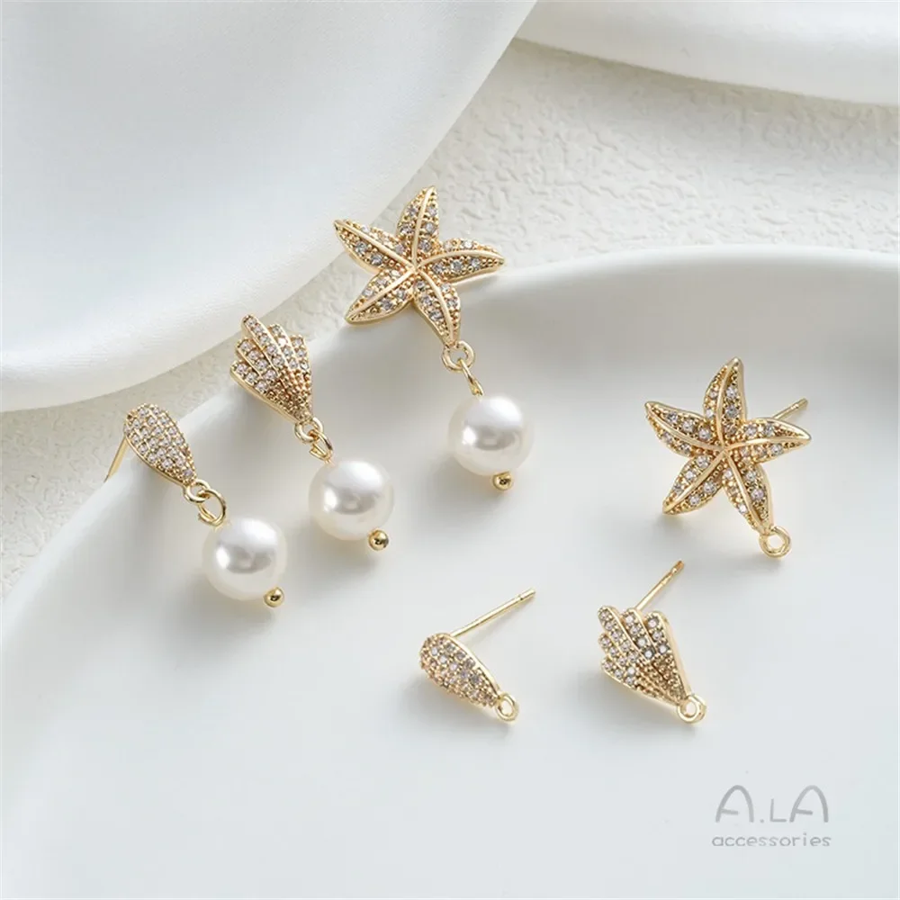 14K Bag Gold Inlaid Zirconium Water Drop-shaped Feather Starfish with Rings Studs DIY Silver Needle Earrings, Earrings Material.