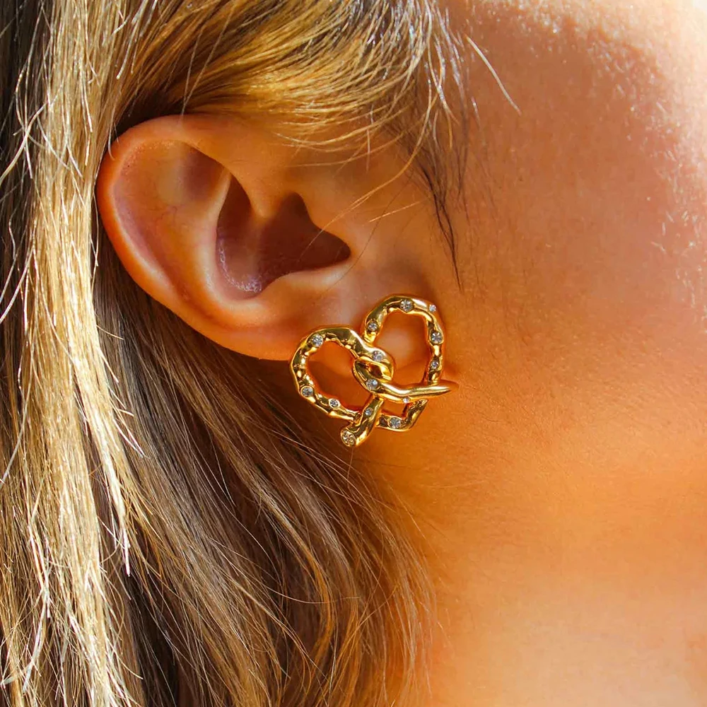 Lovely Knotted Heart Shape Stud Earrings for Women Girls Cute 18K Gold Plated CZ Zirconia Bowknot Tiny Earrings Sweet Jewelry