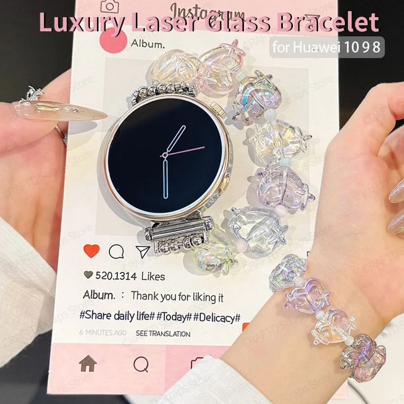 Luxury Laser Glass Bracelet for Huawei Watch Gt4 5 3 2 Dream Love Strap for Huawei Watch 8 9 10 FIT34 Women Jewelry Wrist Strap