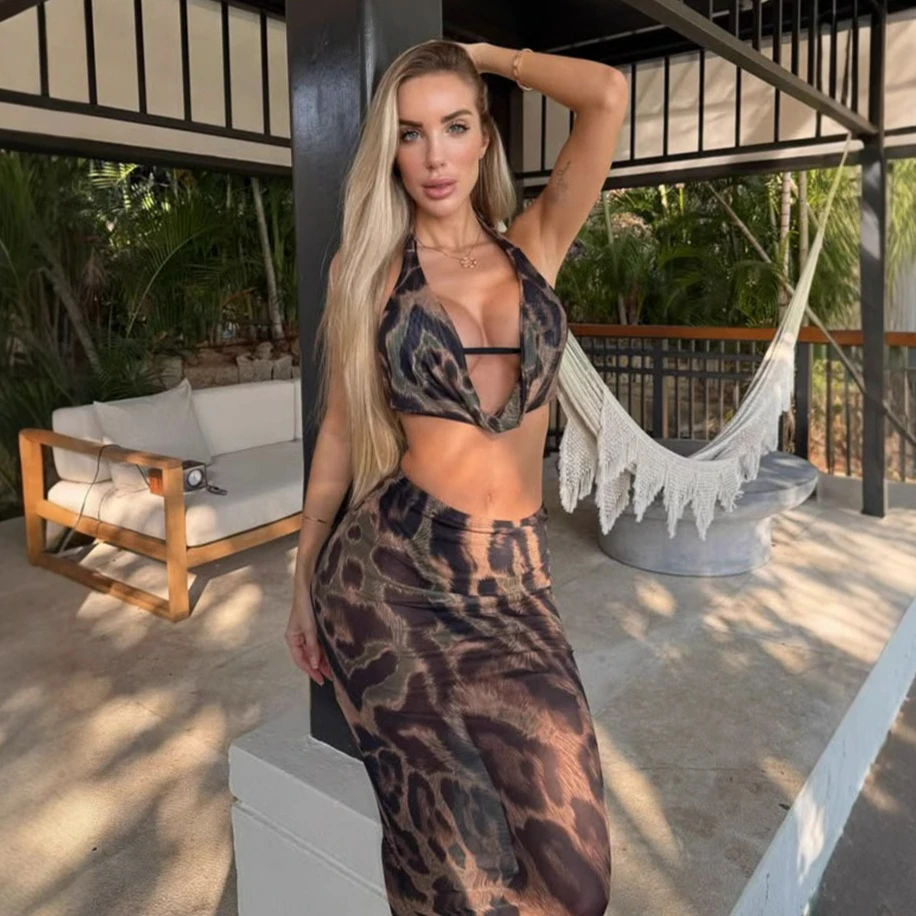 แฟชั่นชีฟองพิมพ์ผู้หญิงชุดจับคู่เซ็กซี่ Halter Top และชุดกระโปรง Maxi ฤดูร้อนดูผ่านวันหยุด 2 ชิ้นชุด 2025