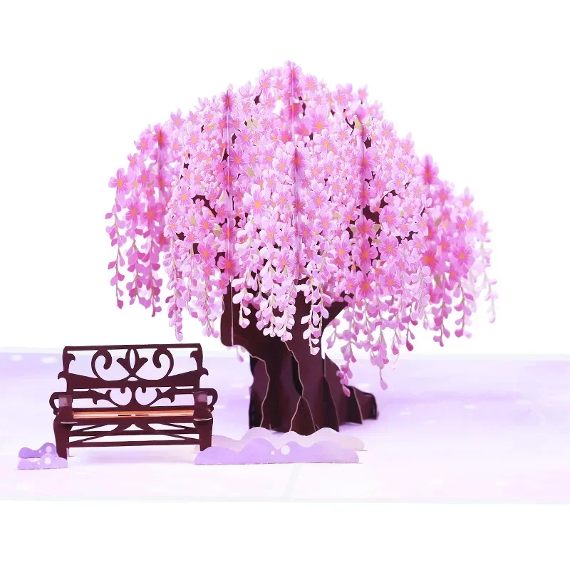 1pcs Color printed Wisteria Tree 3D Pop up Flower Blessing Card Universal Paper Carving Message Card gift