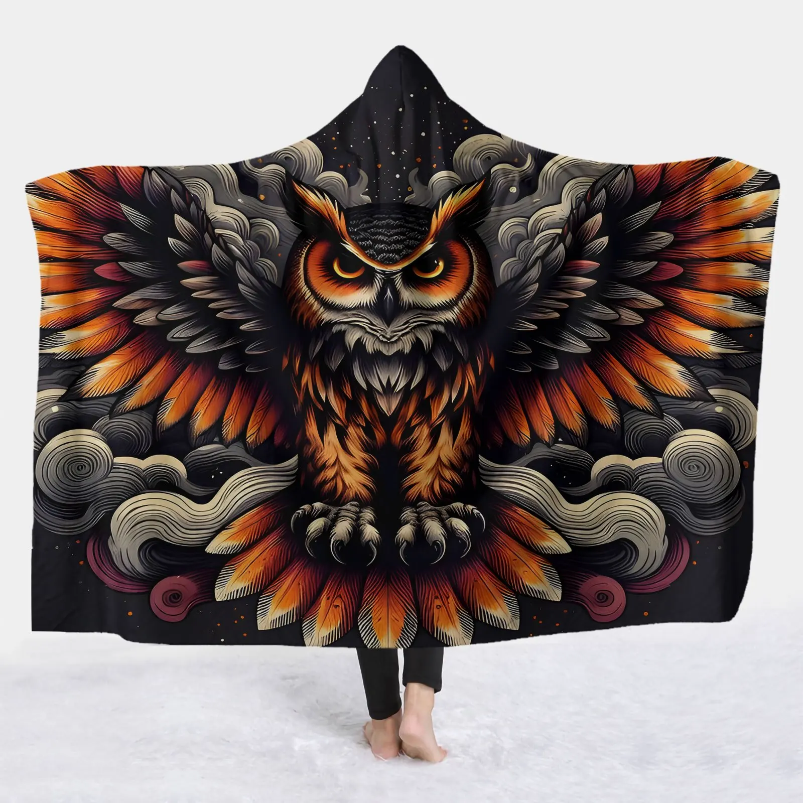 1pc Anime Owl Winged Hooded Blanket & Suitable for Bedspread Quilted Flannel Bedspread with Winged Owl Anime Design