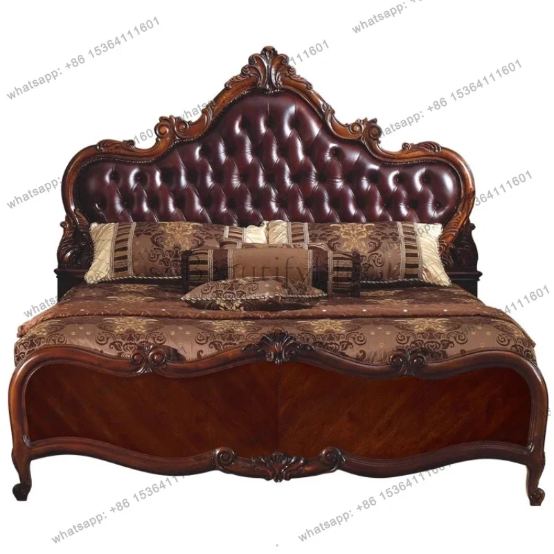 

180x200cm luxury American solid wood leatherbed European carved retro double wedding bed oakbed