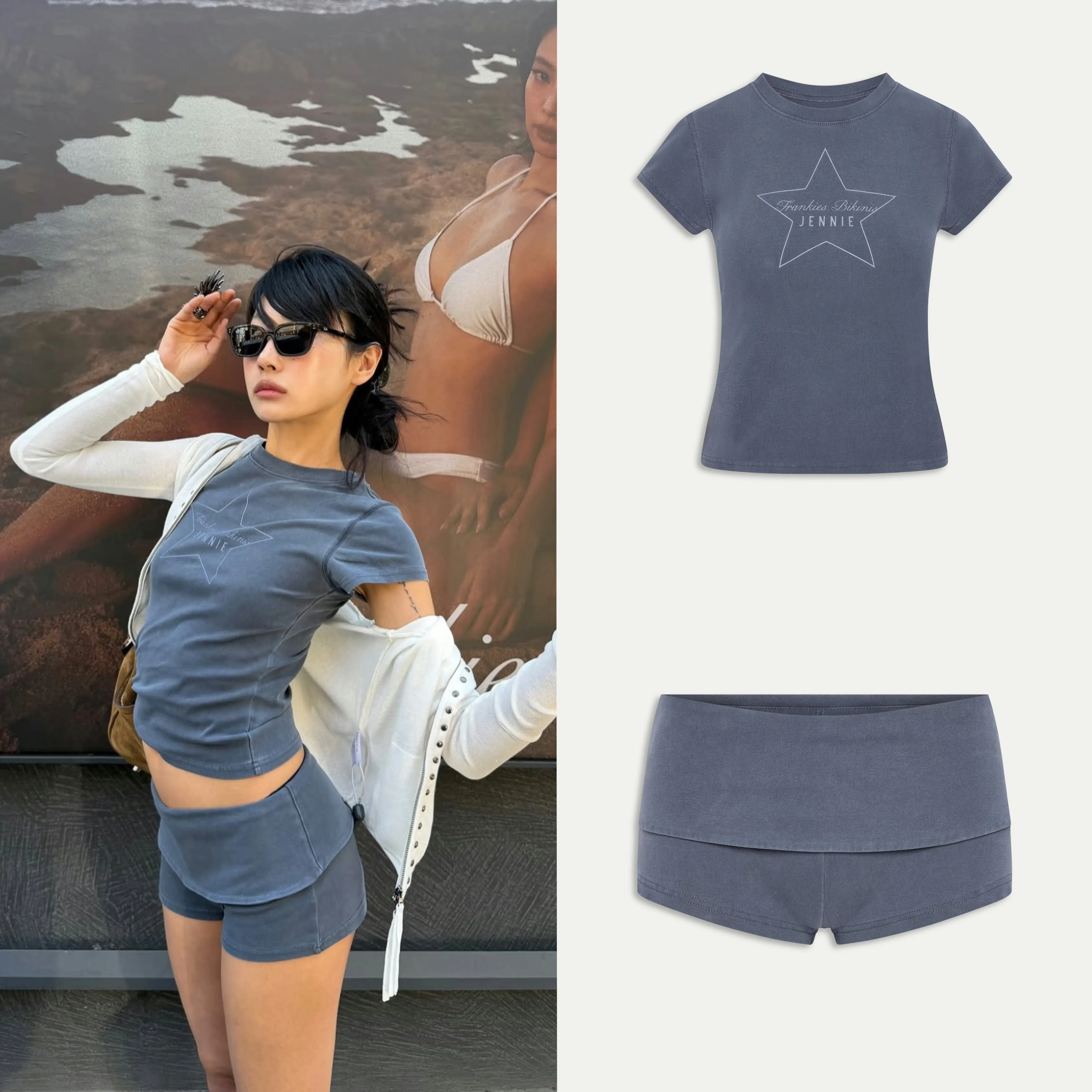 Frankies Washed Blue Retro Star Hot Girl Top Shorts Set Jennie Same Style