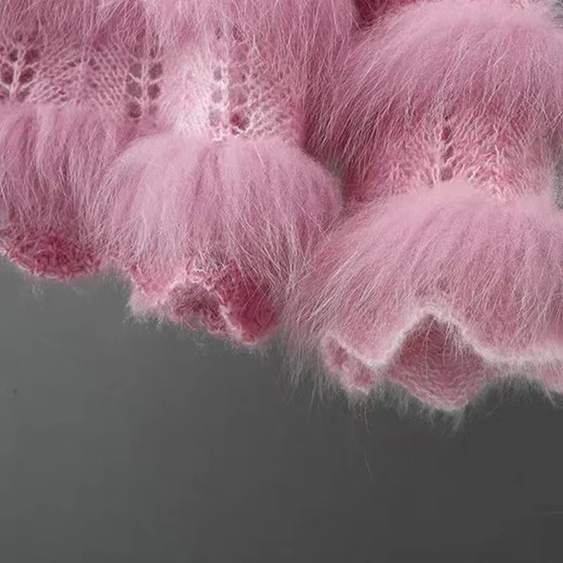 Fox fur Spliced Sweater For Women 2023 Autumn Korean Sweety Fashion Round Neck Loose Gradient Pink Knited Pull Femme Streetwear