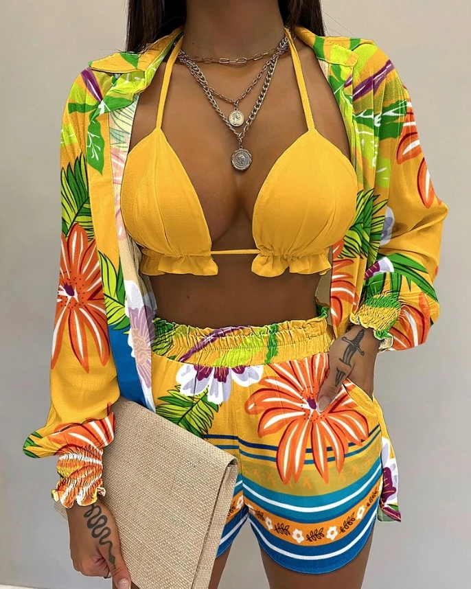 

2024 Summer New Casual Three Piece Set with Tropical Printed Lantern Sleeves Shirt and Shorts Paired with Short Top