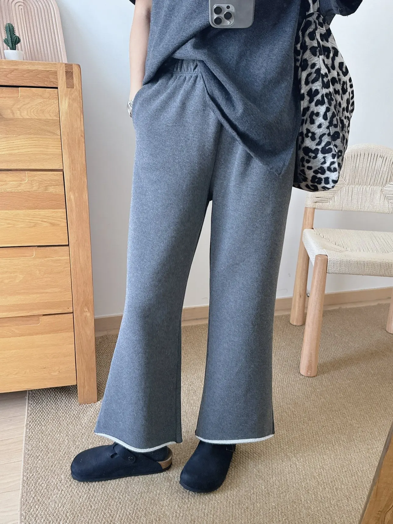 

High Waist Flared Casual Pants Women's Color Nine-Tenths Length Waed Hemline Loose Fit Comfortable Trousers