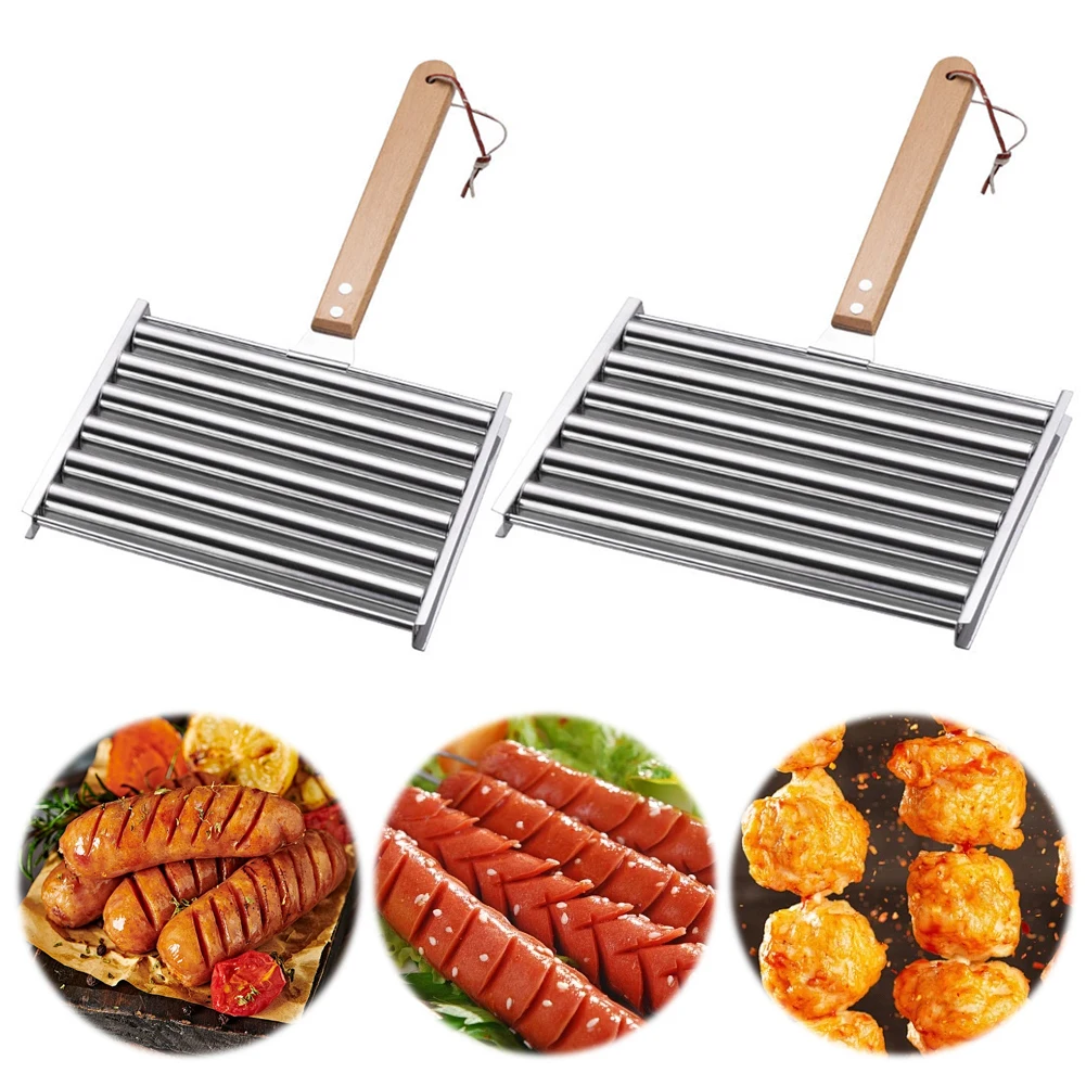

Stainless Steel Hot Dog Roller & Extra Long Wood Handle Hotdog Roller Grill Sausage Corn Roller for Outdoor Cooking and Barbecue