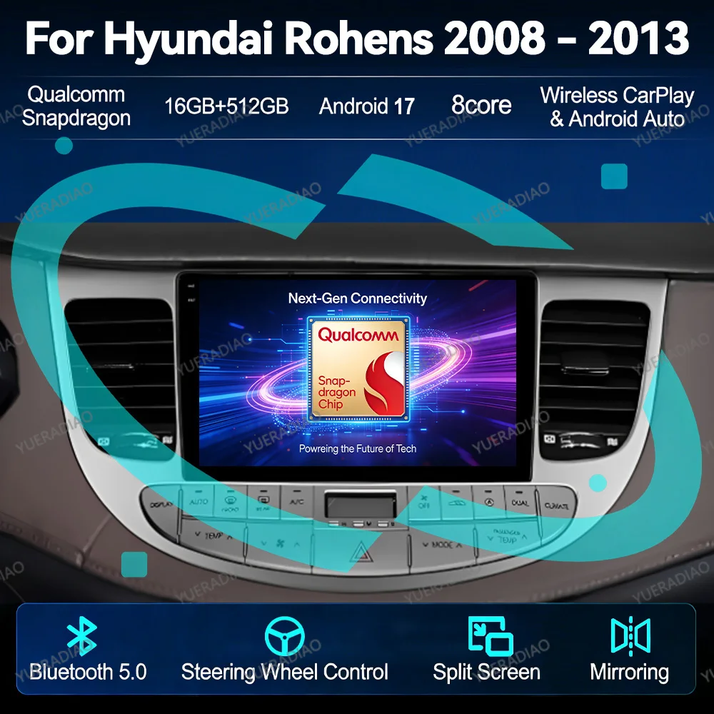 Android 17 Car Radio For Hyundai Rohens Genesis 2008 - 2013 Head Unit GPS NAVI QLED BT 4G WIFI Qualcomm Multimedia Video Player