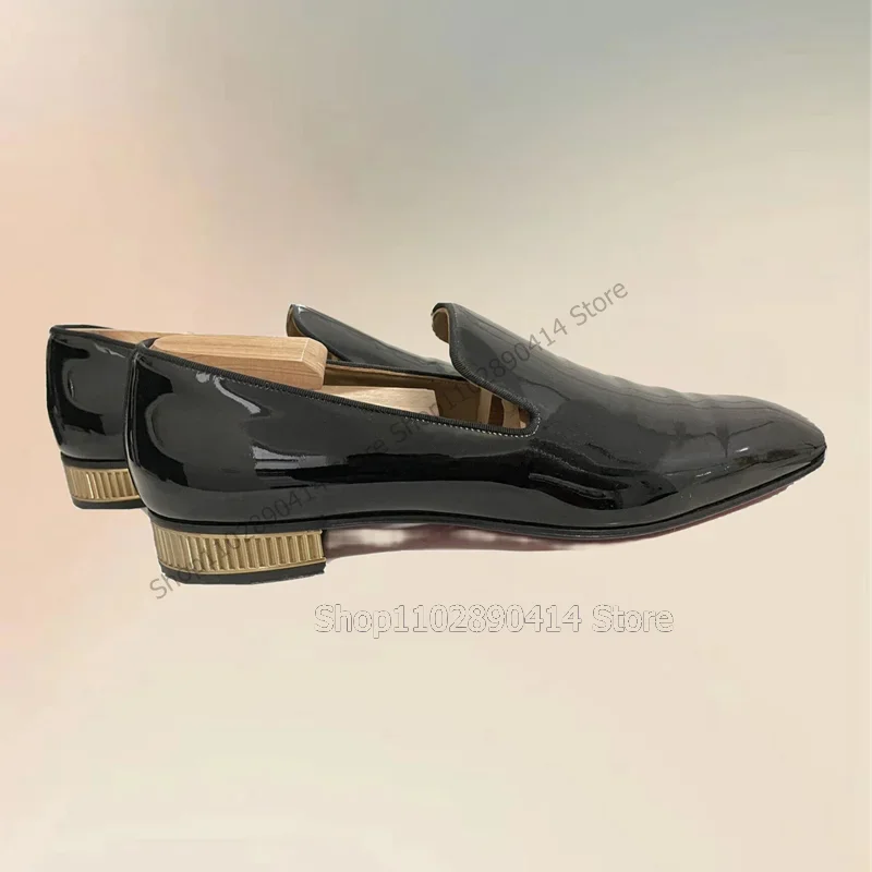 

Black Patent Leather Metal Heel Low Top Loafers Fashion Slip On Men Shoes Luxury Handmade Party Office Wedding Men Dress Shoes