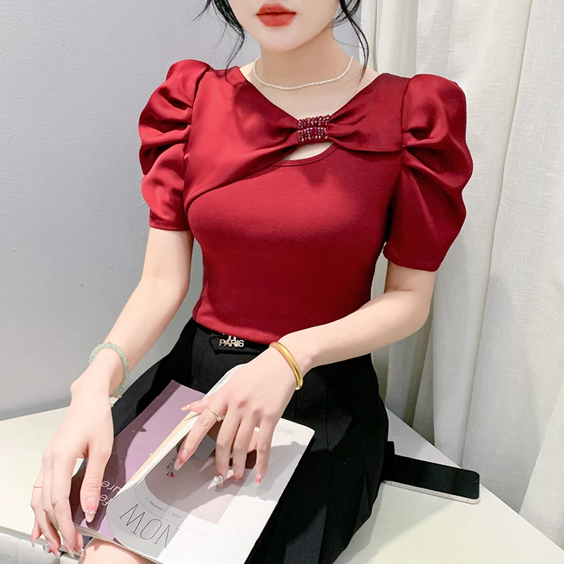 

2025,New,Summer,European,Clothes,T-shirt,Fashion,Sexy,O-Neck,Hollow out,Bowknot,Beading,Women,Tops,Short Puff Sleeve,Tees,52041