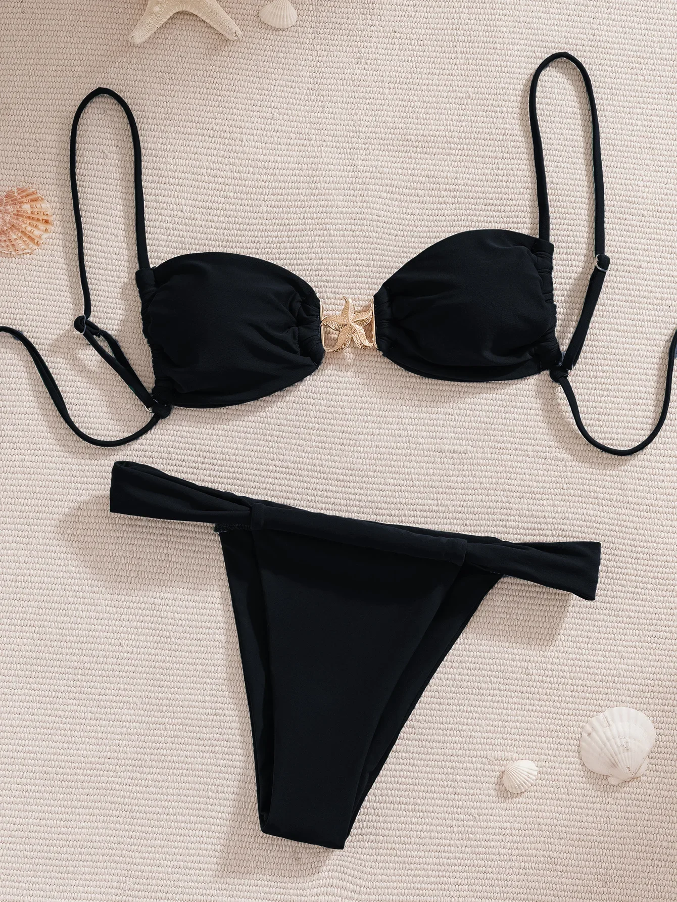 

Sexy Black Starfish Ornament Bikinis Sets Women Pleate Push Up Thong Swimsuit 2025 Beach Bathing Suit Micro Swimwear Biquini
