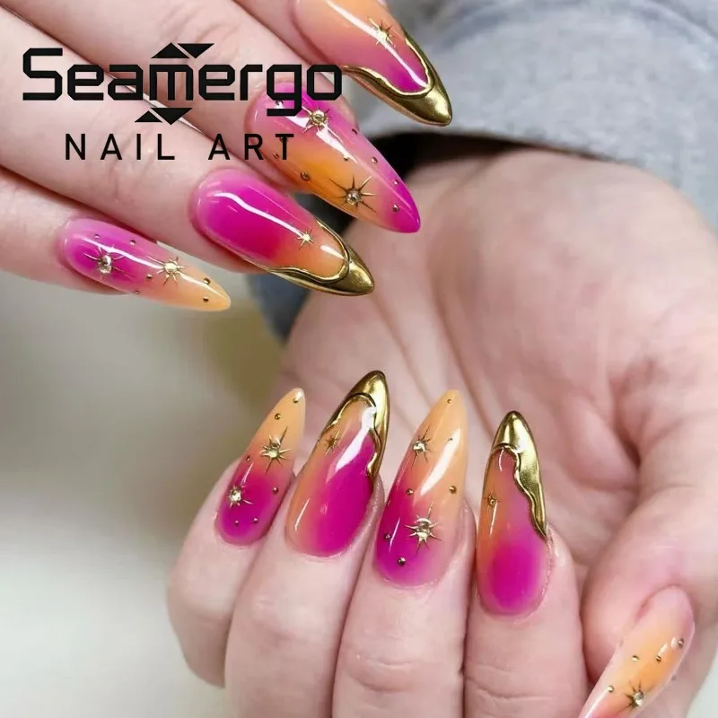 

24PCS Colorful Gradient Almond Press on False Nails Y2k Pink Orange French Nail Tip with Irregular Metallic Gold Star Fake Nails