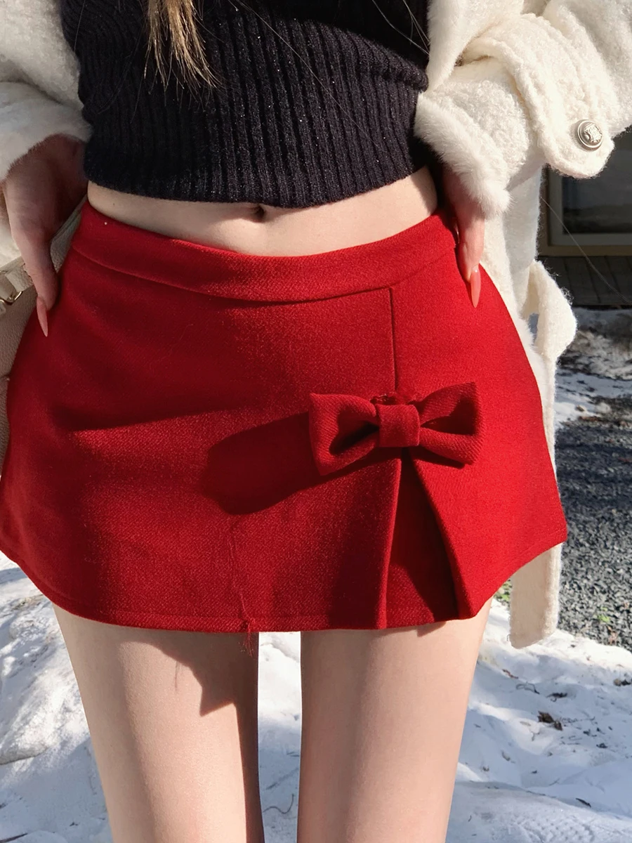 Sweet Preppy Style  Knot A-Line Woolen  Skirt Women's Slimming  Color 3D Bowtie Half-length Waist-cinching ...