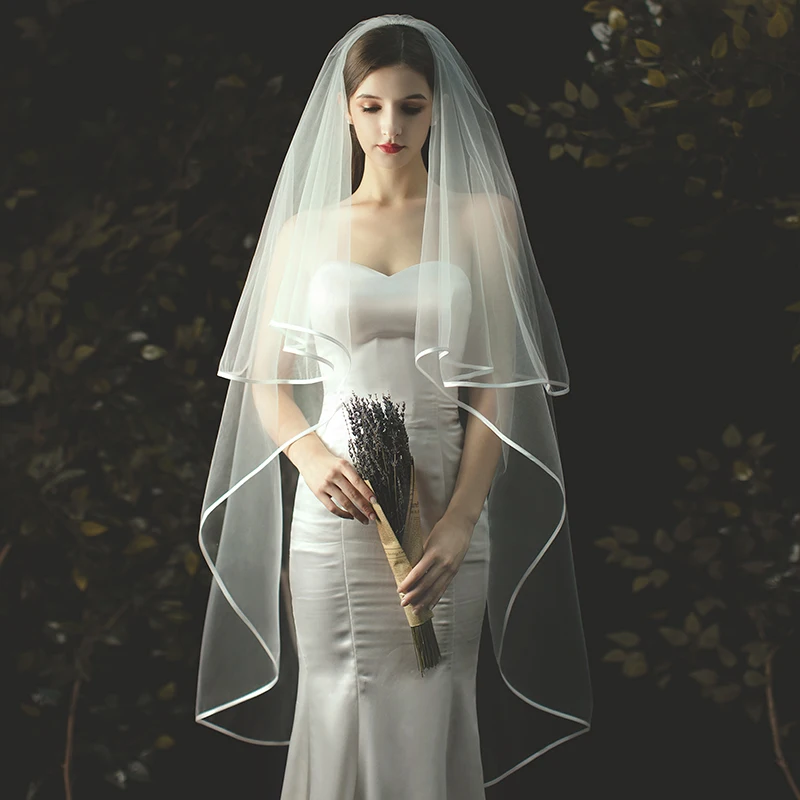 V702 Exquisite Wedding Bridal Handmade Veil Two-Layer Tulle Ribbon Edge Long White Brides to Be Headdress Veil