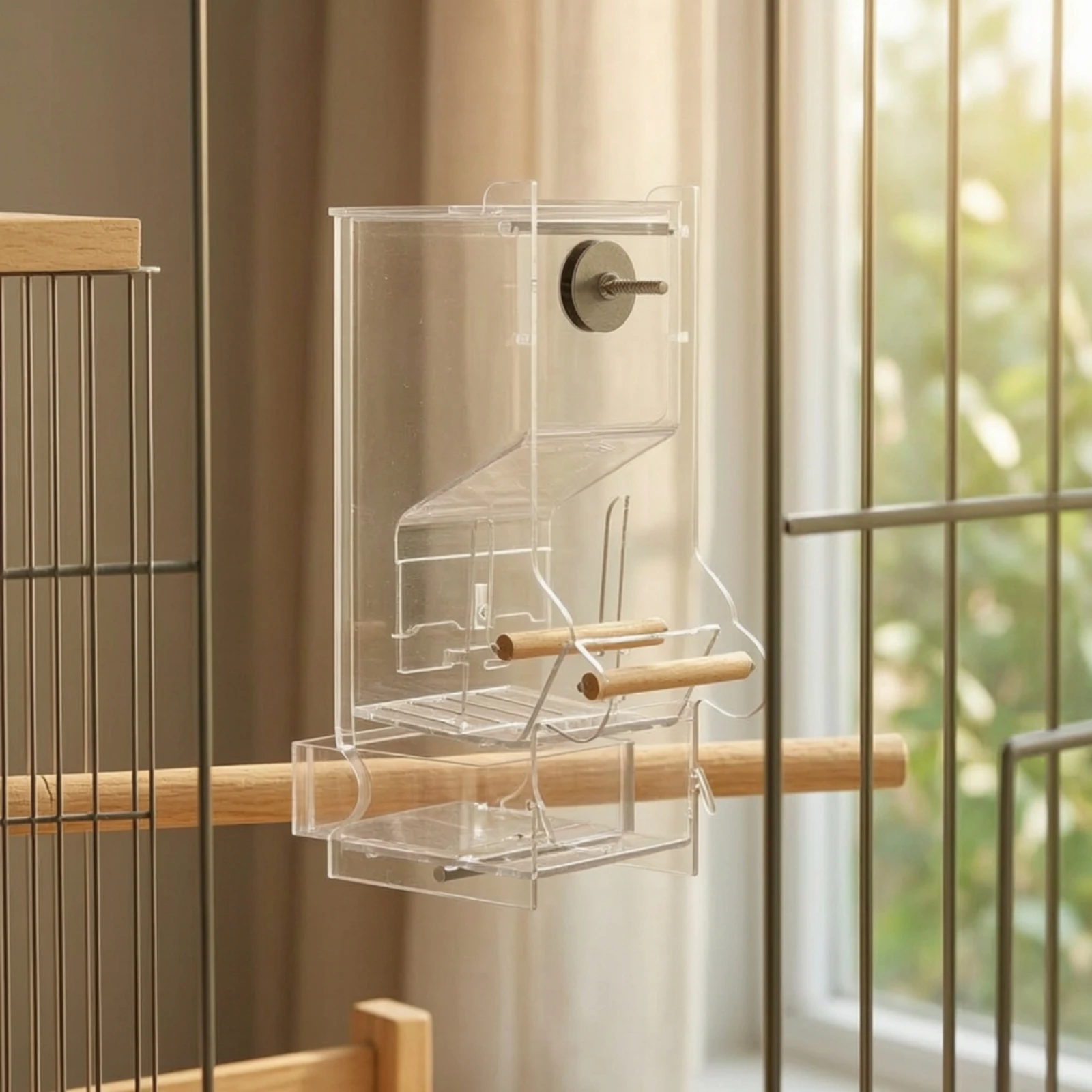Small Acrylic Bird Feeder with Feed Control Mechanism Sturdy Transparent Acrylic Bird Feeder with Perch Rods Space-Saving view 5