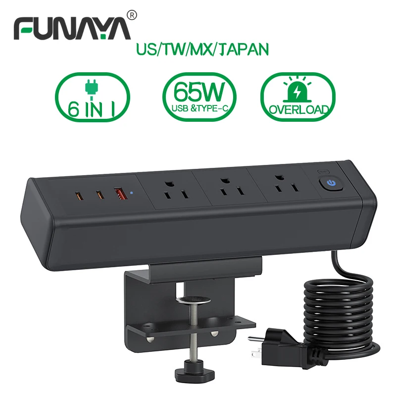 US Power Electrical Built-in Socket PD 65W Power Outlet Multi USB Clamp Desktop Mounted Surface Socket for Home Office Hotel