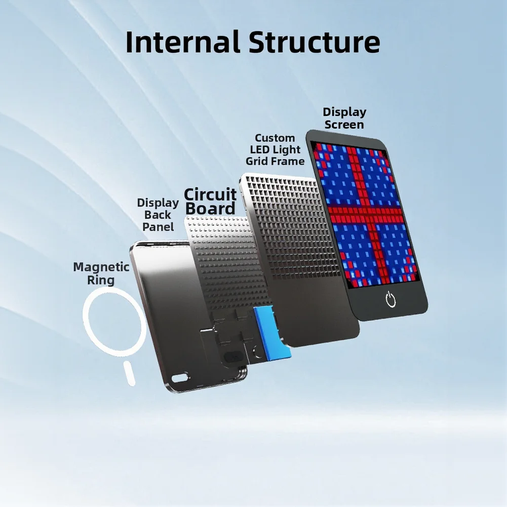 APP-Controlled LED Pixel Screen for Magnetic Phones Includes Sound Pickup Function and Onboard Animation Editor