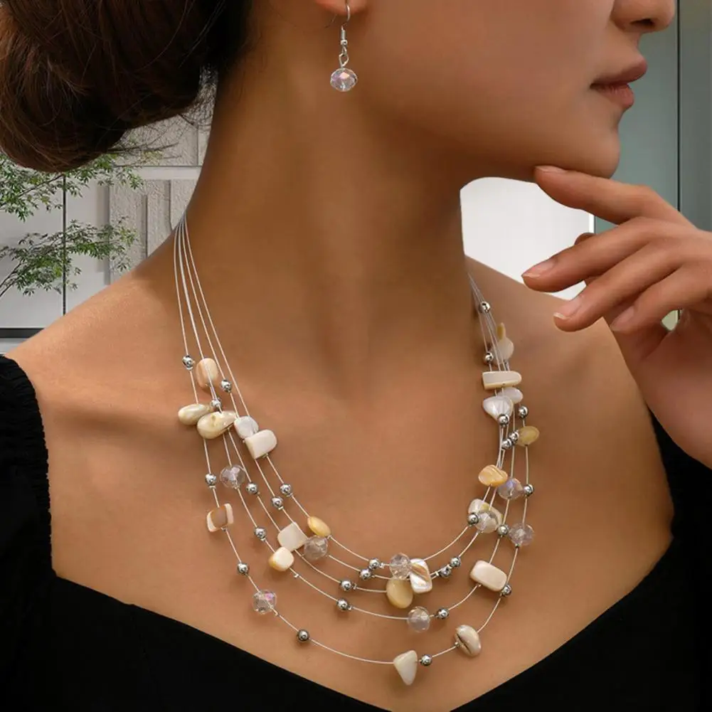 Vibrant Luster Necklace Bohemian Earring Necklace Set Multi-layered Asymmetric Jewelry Electroplated Stone Faux Hook Accessories