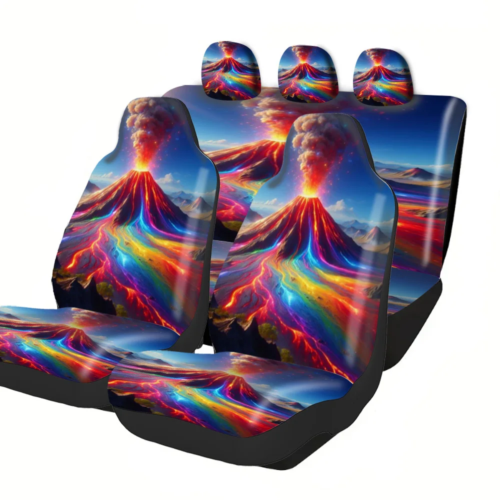 

Trendy Printed Car Seat Covers With Erupting Volcano Lava Flow Mountainous Landscape Design - Vibrant Red, Orange, Yellow, Purpl