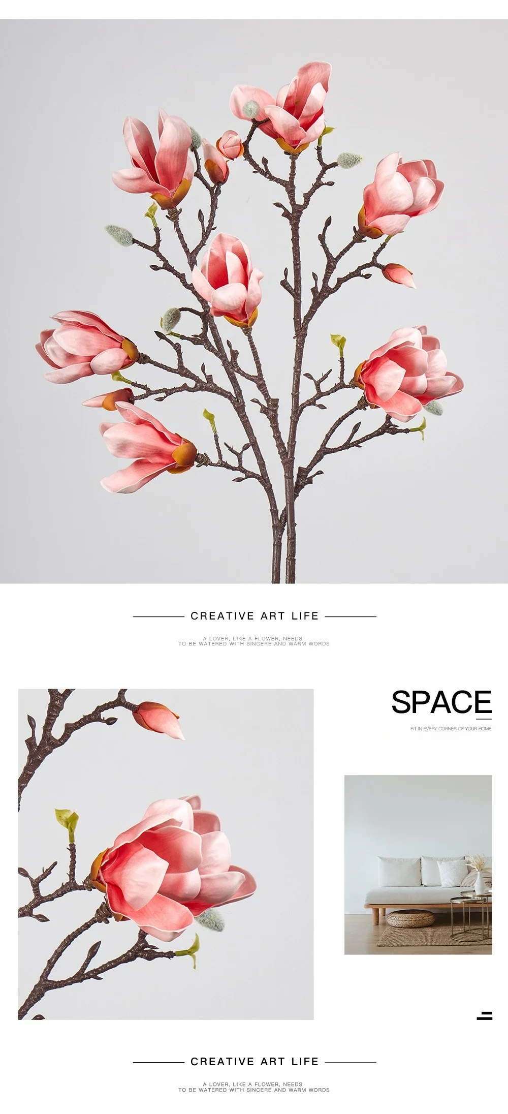 2 Stück Simulierte 6-köpfige Magnolienzweige PU Kunstblumen Künstliche Magnolienknospen Braune Blumen Einkaufszentrum Dekorationspflanze – Detail 7