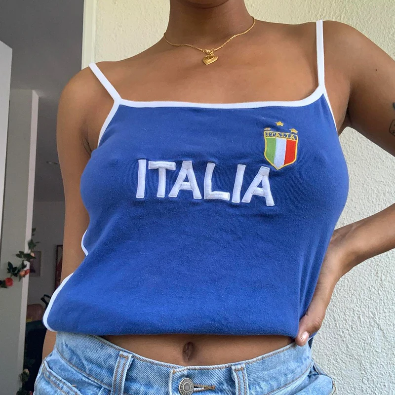 ITALIA Embroidery Sleeveless Crop Top Blue Sexy Basic Patchwork Summer Casual Camis Backless Y2k Vintage Tank Tops Women