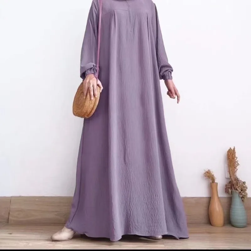 2024 Middle East Muslim Womens Solid Color Bubble Sleeve Dress Front Zipper Round Neck