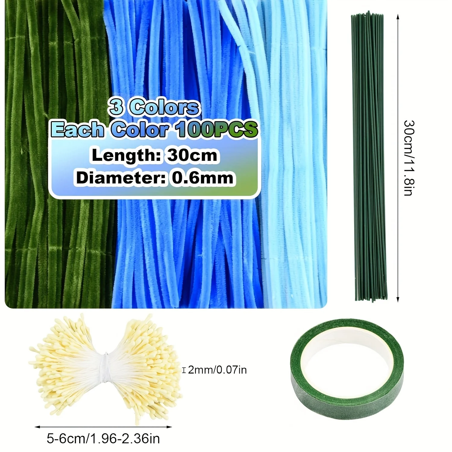 300pcs pipe cleaner set, blue tulip bouquet pipe cleaner, 20 pcs of green rod wire, 150 flower stamens, 2 tapes, for handcrafted view 2