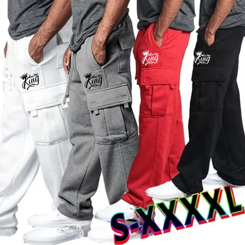 

Men Loose Printting Drawstring Cargo Pants Joggers Solid Color Trousers Fashion Sports Pant Winter Plus Size Mens Sweatpants