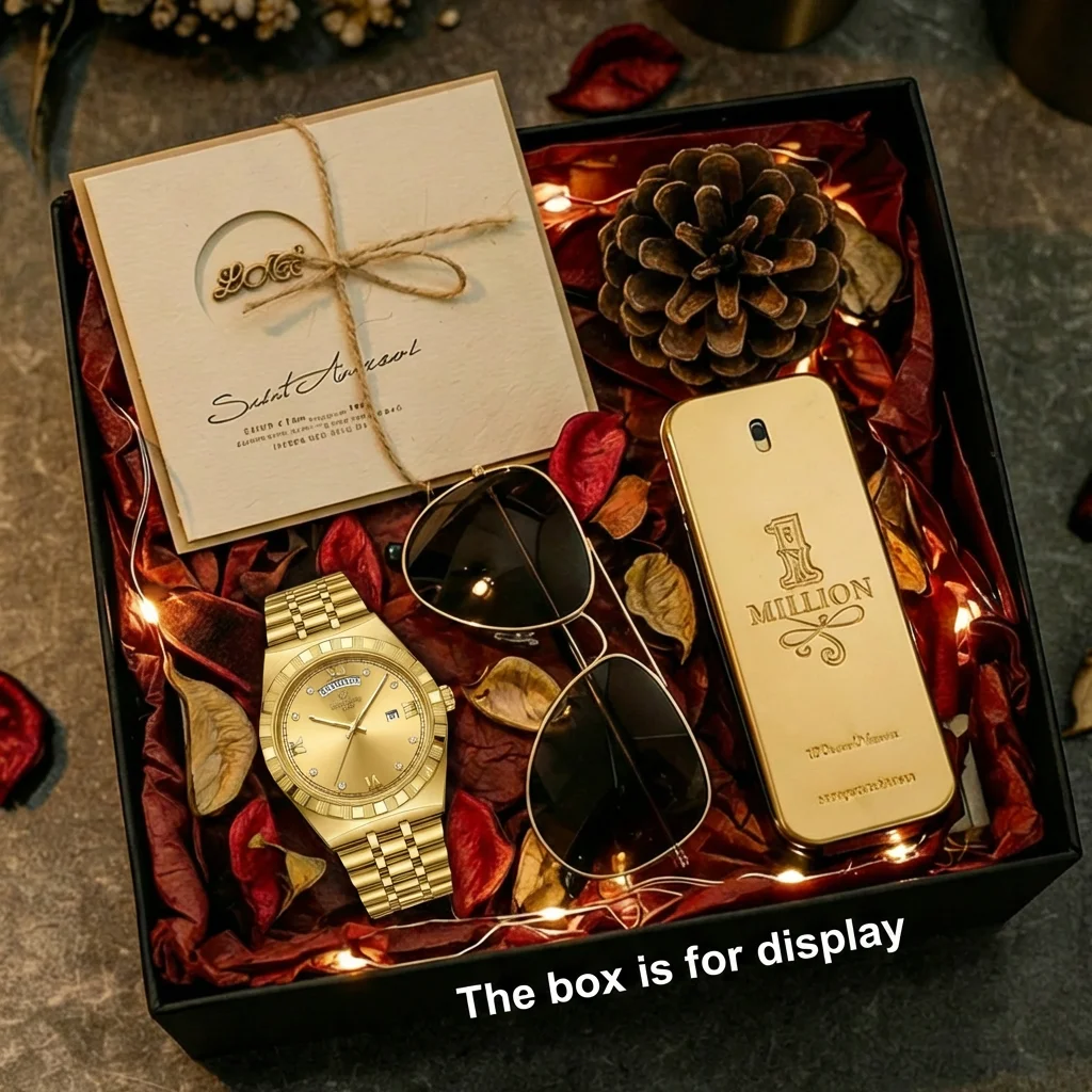 4pcs Men's Gold Stainless Steel Luxury Diamond Accents Sunglasses Perfume Quartz Watch Gift Set for Birthdays & Anniversaries