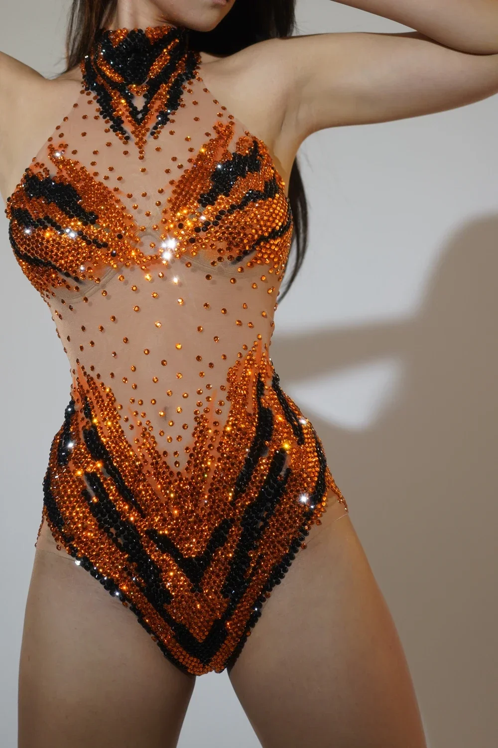 Sparkly Rhinestones Leotard Women Sexy Mesh Transparent Performance Dance Costume Singer Dancer Stage Bodysuit Nightclub Wear