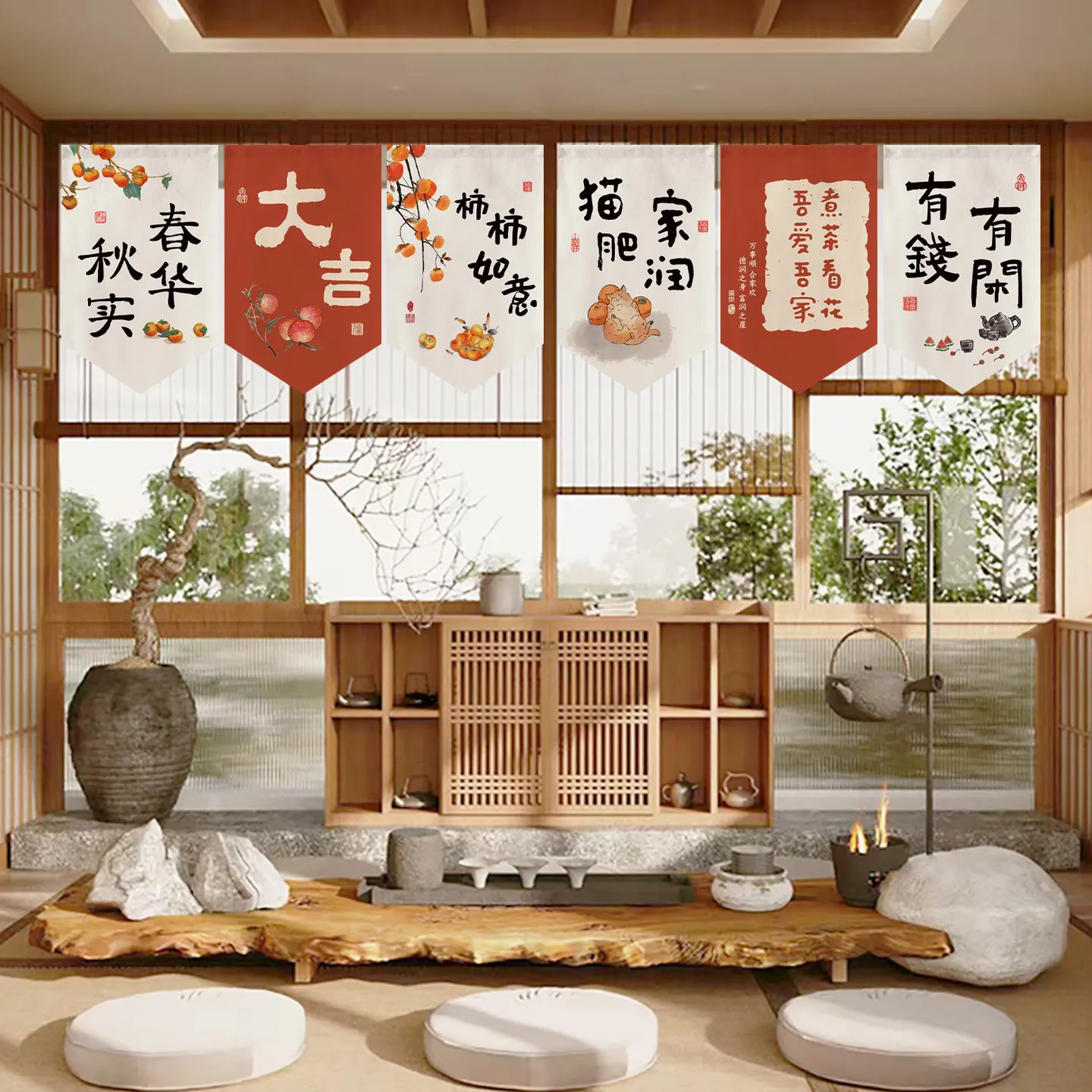 VIKAMA Chinese Banner Curtain Valance, Storefront Hanging Decor for Kitchen Restaurant Shop