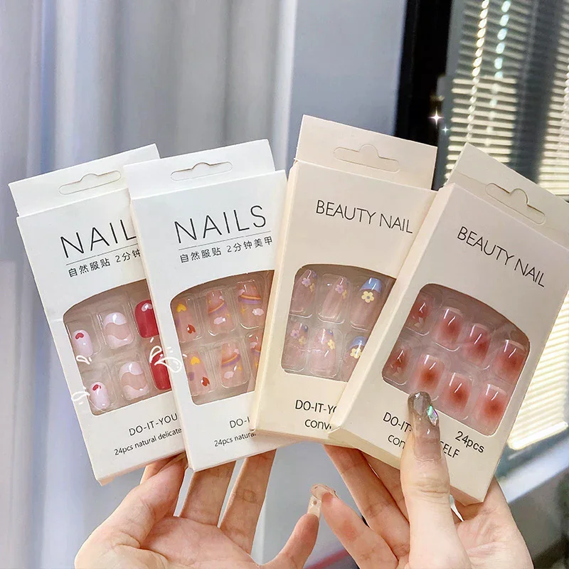 2025 Newest 24PCS/Set Nail Art French Fake Nails Set With Glue ABS Plastic - Simple Short Nail Stickers